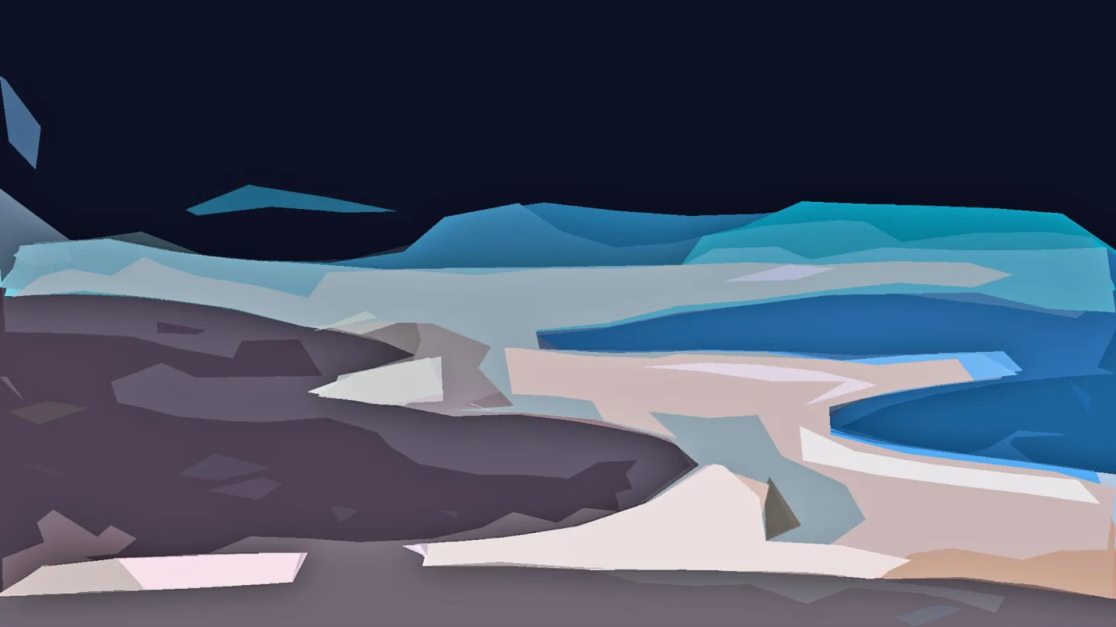Abstrakte Landschaft mit dunklem Himmel, blauen Bergen, grauen und violetten Flächen sowie hellen Schneefeldern