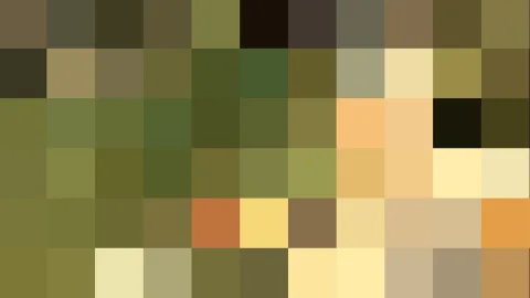 Pixelmosaik aus Oliv-, Grün- und Gelbtönen mit einzelnen orangefarbenen und braunen Blöcken.