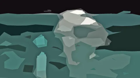 Abstrakte Low-Poly-Landschaft in Petrol und Grau mit hellem Felsmassiv in der Bildmitte und dunklem Himmel oben