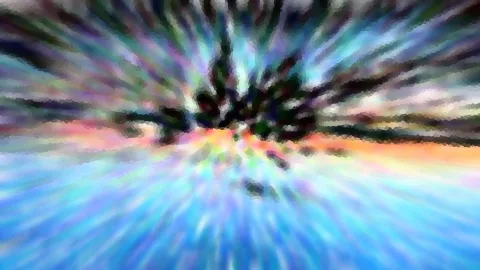 Abstrakte Komposition mit radial auseinanderlaufenden Farbstreifen in Blau, Grün, Violett und Weiß, dunkles Zentrum und ein orangefarbener Streifen am Horizont.