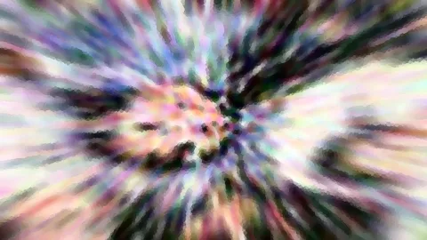 Abstrakte Komposition aus bunten, pastellfarbenen und dunklen Schlieren, die von einem zentralen Punkt radial nach außen strahlen, mit grobem Mosaikraster.