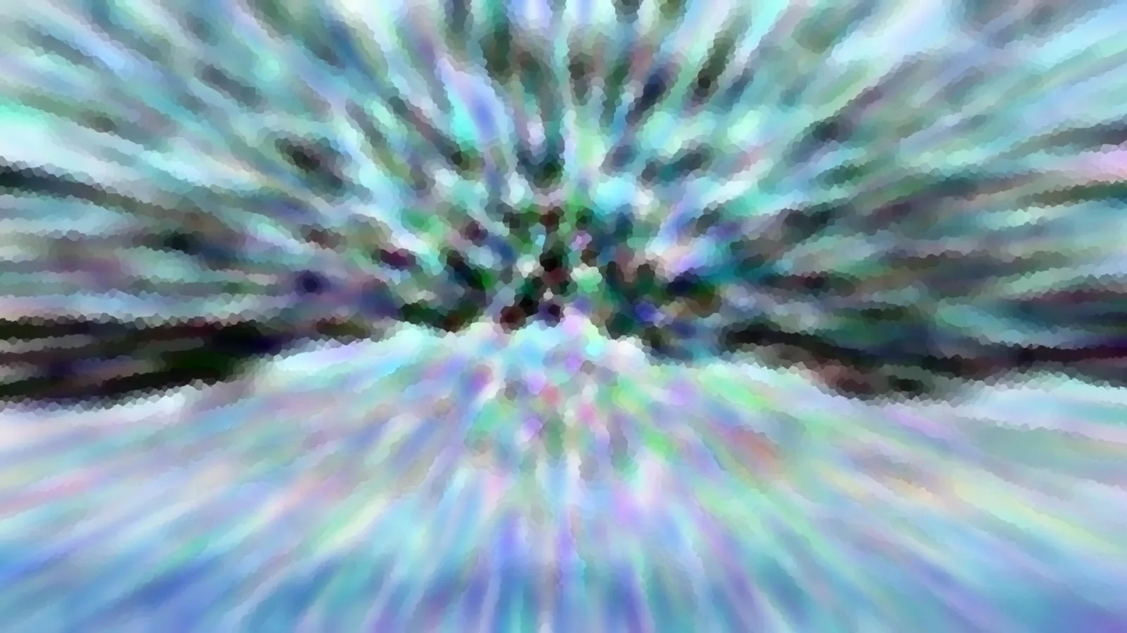 Abstrakte Komposition aus türkisfarbenen, blauen und violetten Streifen, die von einem Zentrum in der Bildmitte radial nach außen strahlen, mit mosaikartiger Pixelstruktur.