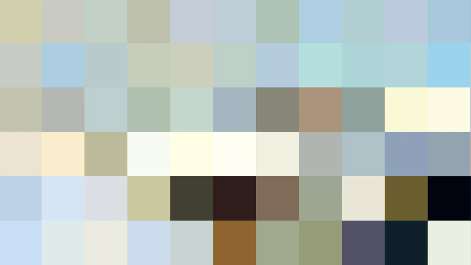 Rasterbild aus rund sechzig rechteckigen Farbfeldern in Pastelltönen, Beige, Blau, Grün und Grau, dunklere Felder unten rechts und in der Mitte.
