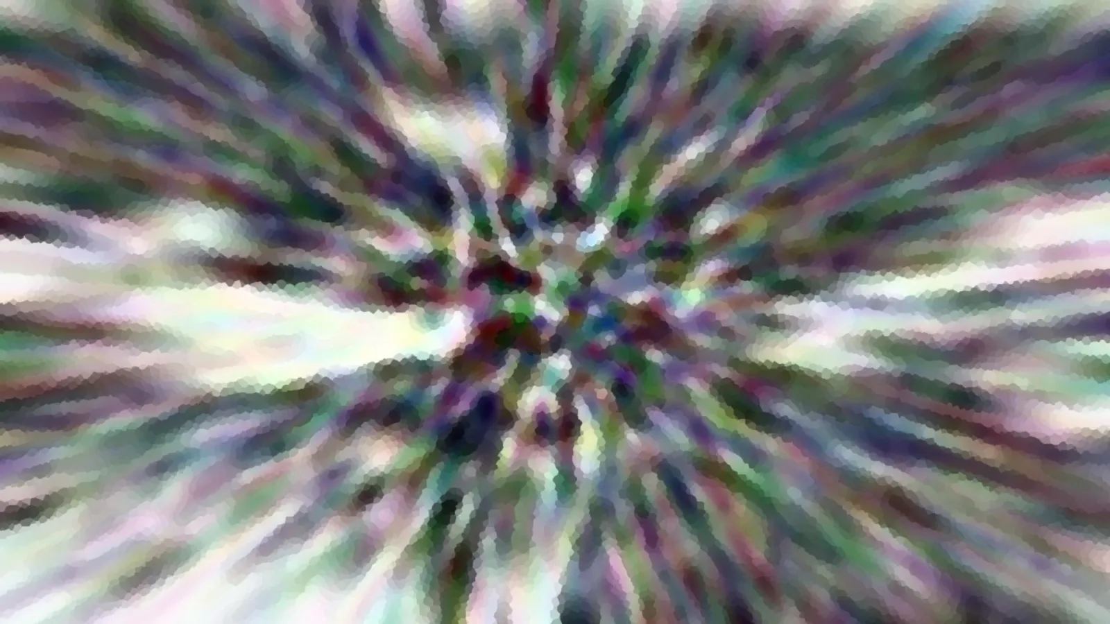 Abstrakte Komposition aus radial von der Mitte nach außen laufenden, verwischten Streifen in Grün, Violett, Weiß und Dunkelrot, mit mosaikartiger Körnung.