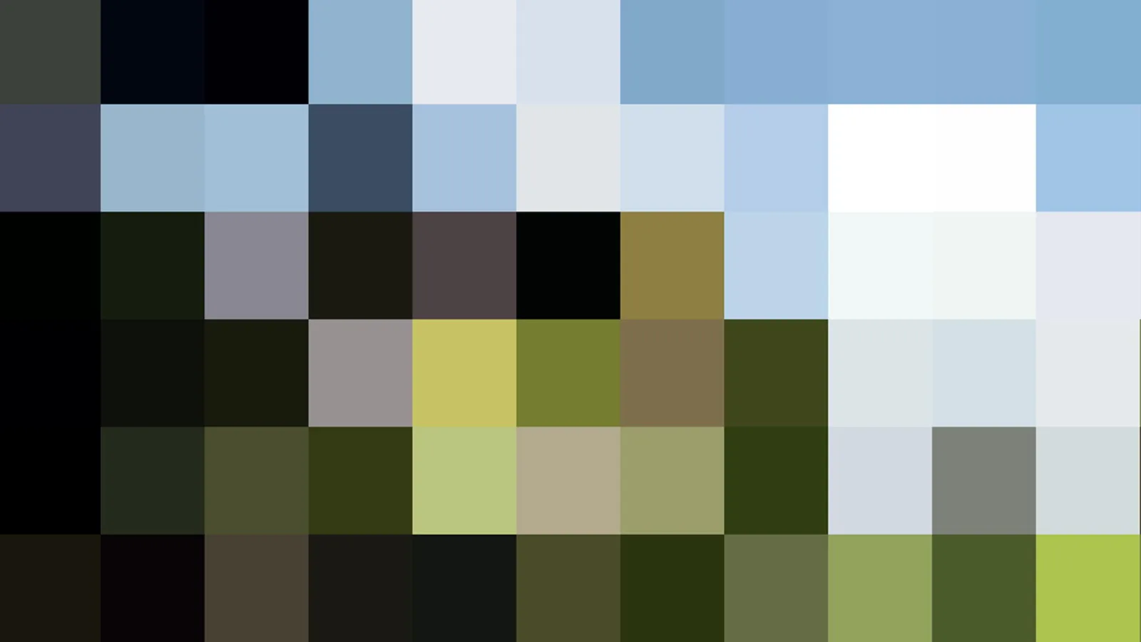 Pixeliges Mosaik aus rechteckigen Farbfeldern: oben hellblaue und weiße Töne, unten dunkle Oliv- und Grüntöne.