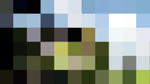 Pixeliges Mosaik aus rechteckigen Farbfeldern: oben hellblaue und weiße Töne, unten dunkle Oliv- und Grüntöne.