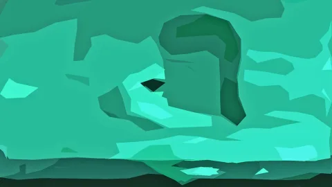 Abstrakte Komposition aus türkisen und dunkelgrünen Flächen mit einer dunklen, konturierten Form im rechten Mittelbereich.