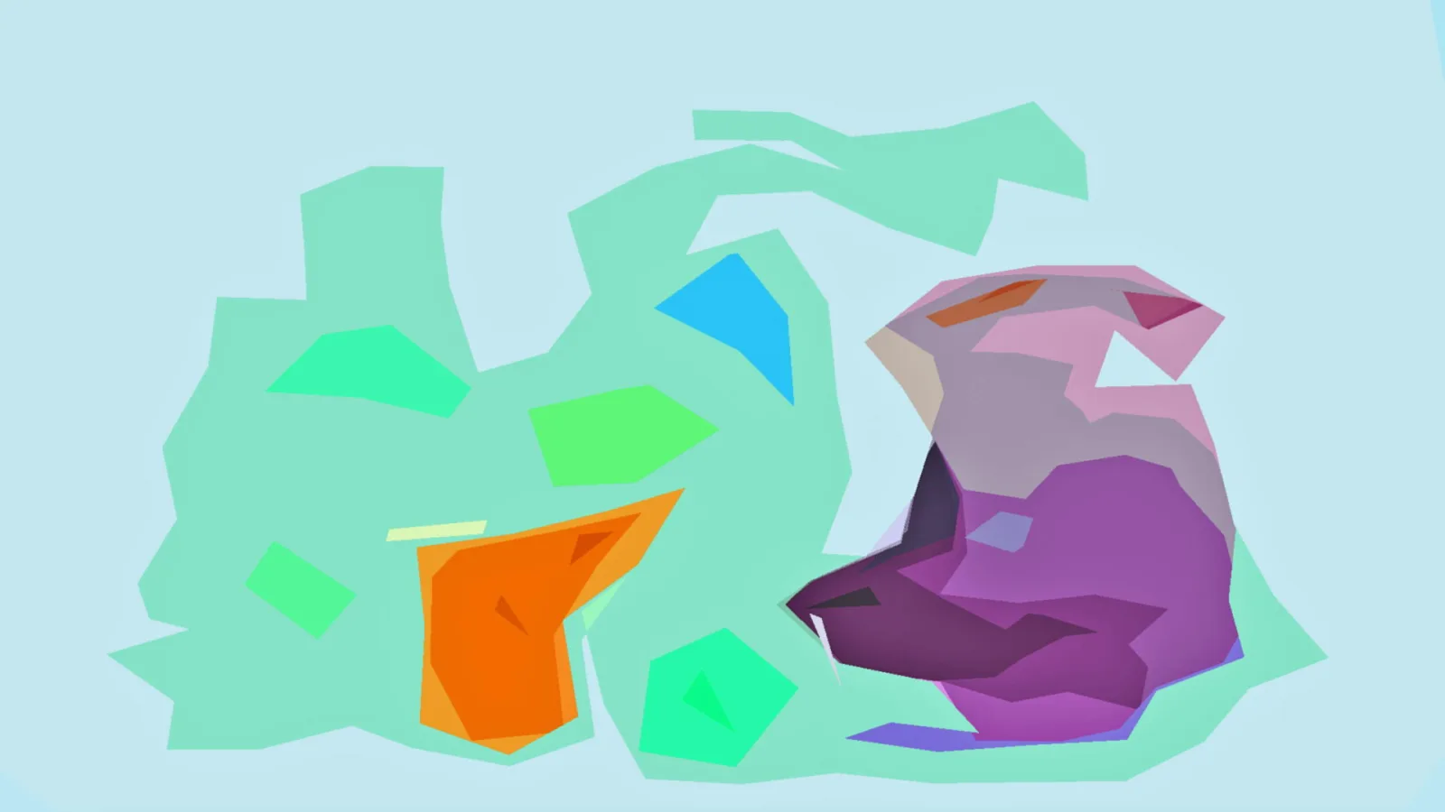 Abstrakte Komposition aus flachen, kantigen Polygonen in Mintgrün, Hellblau, Orange und Violett auf hellblauem Grund.