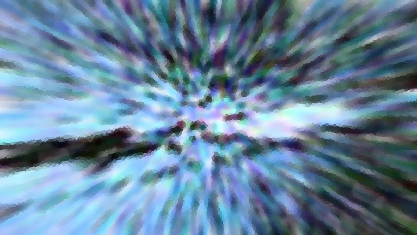 Abstrakte Komposition aus radial verlaufenden türkisen, violetten und dunklen Streifen mit pixeliger Struktur und hellerem Zentrum.