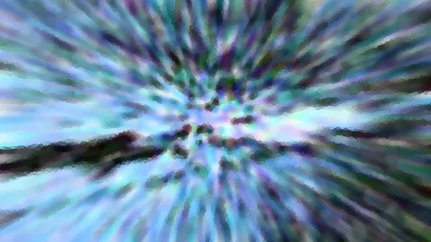Abstrakte Komposition aus radial verlaufenden türkisen, violetten und dunklen Streifen mit pixeliger Struktur und hellerem Zentrum.