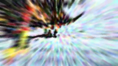 Abstrakte Komposition mit radialer Unschärfe in Pastell- und Regenbogenfarben, dunkle Äste vor hellem Hintergrund, von der Mitte nach außen strahlend.