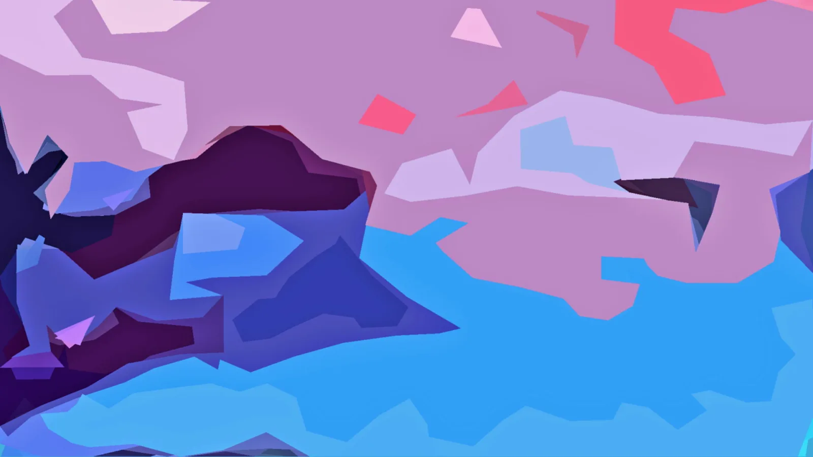 Abstrakte Komposition aus unregelmäßigen Flächen in Violett, Pink und Blau, dunkle Formen links und unten, helle Flächen oben und rechts.