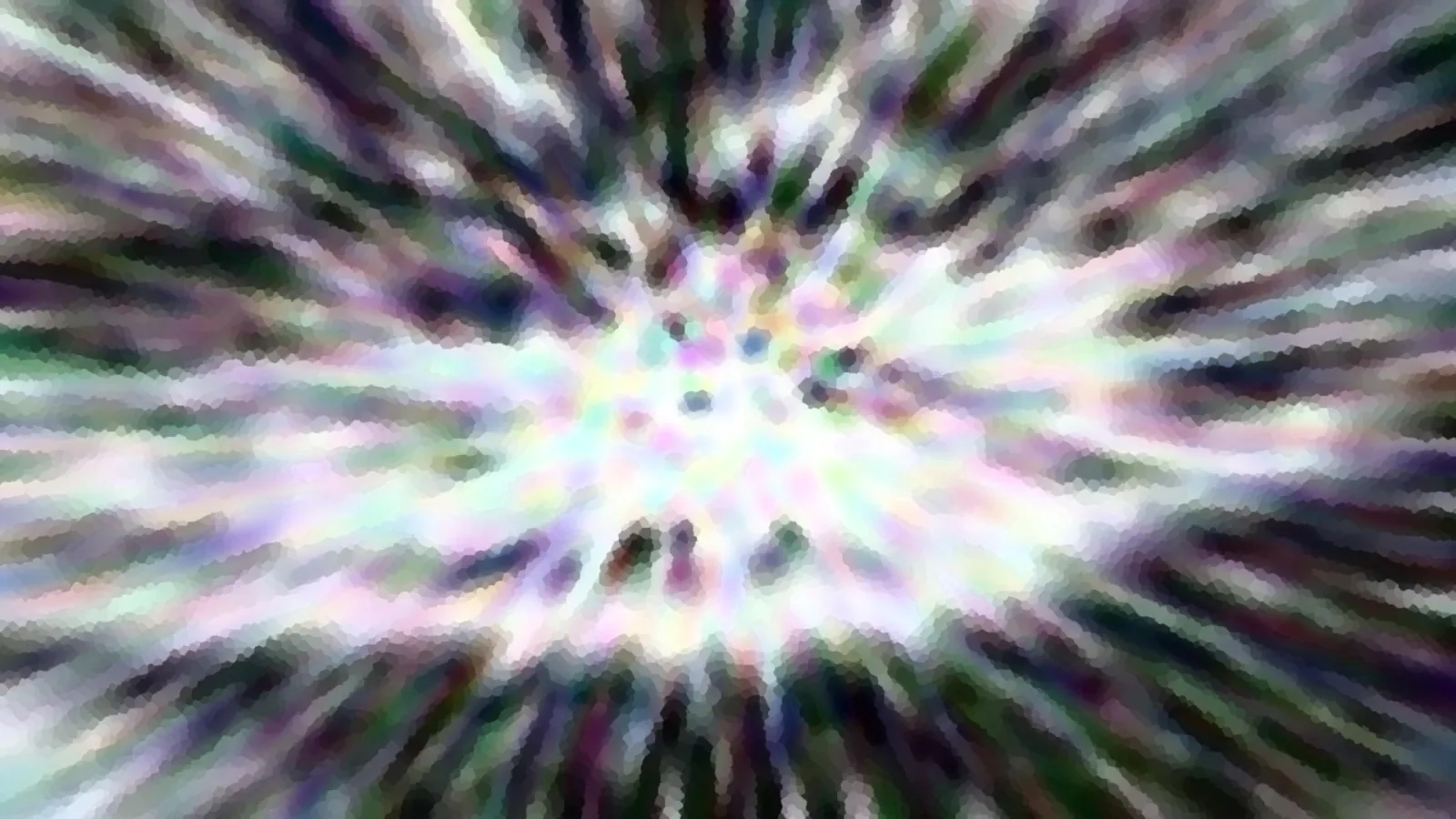 Abstraktes Bild mit einem hellen Zentrum, von dem aus pastellfarbene Streifen in alle Richtungen strahlen, durchsetzt von dunklen Grün- und Violettfarben.