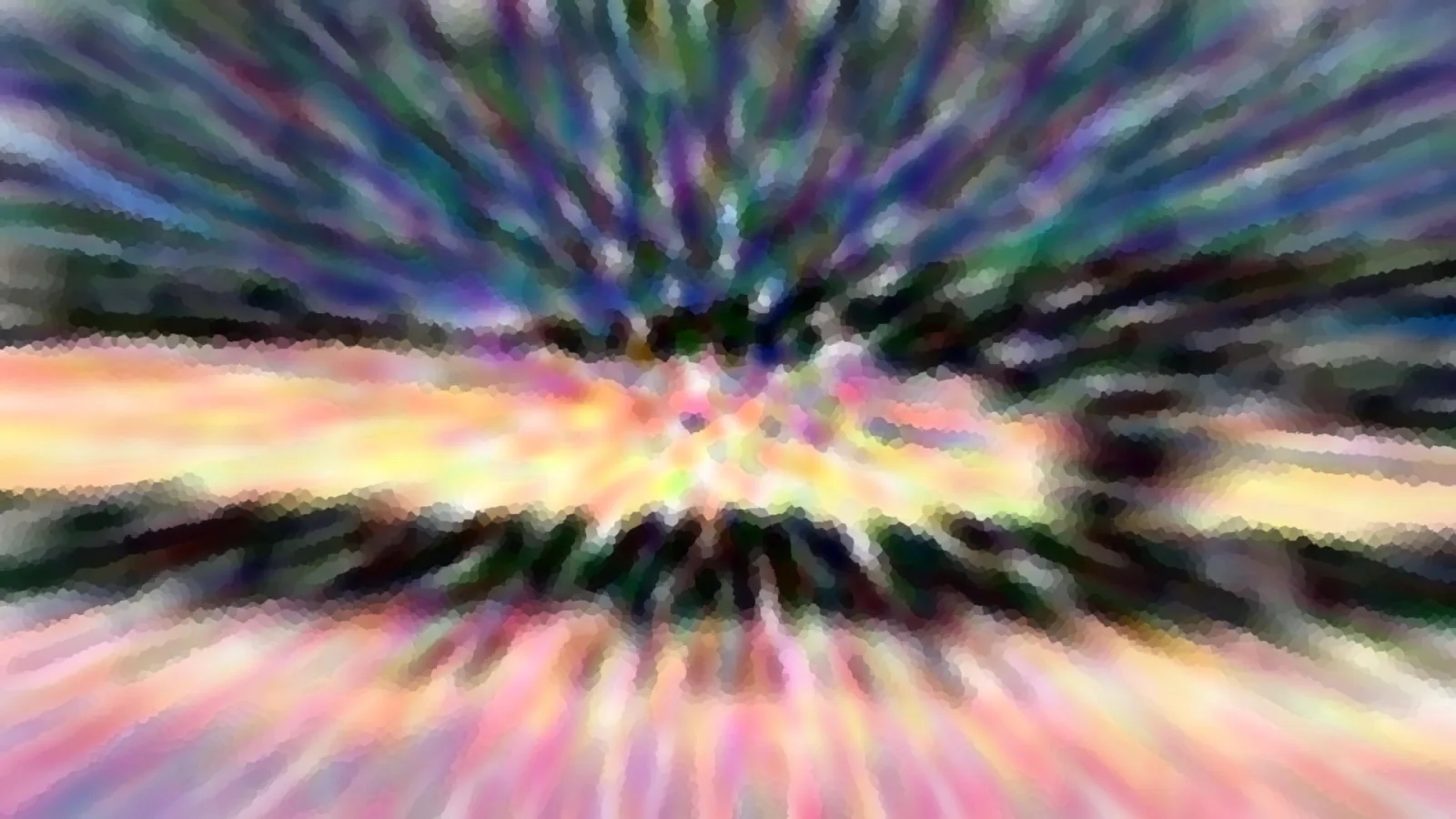 Abstrakte Komposition aus radial verwischten, pastellfarbenen Streifen in Blau, Gelb und Rosa, mosaikartig pixelig.