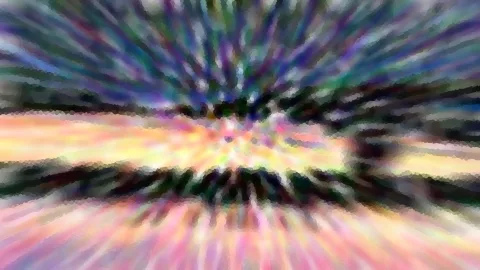Abstrakte Komposition aus radial verwischten, pastellfarbenen Streifen in Blau, Gelb und Rosa, mosaikartig pixelig.