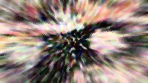 Abstrakte Komposition aus radial verlaufenden Farbstrahlen in Rosa, Grün und Dunkelblau, zur Mitte hin dunkler.