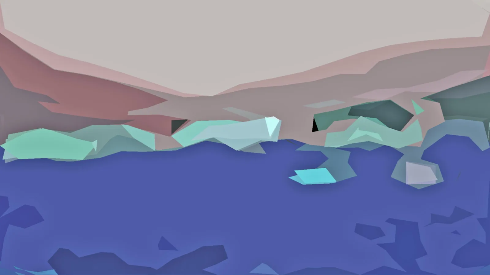Abstrakte Landschaft aus flachen, kantigen Facetten: oben ein beige-rosafarbener Himmel, darunter türkisfarbene Formen über einer blauen, zerklüfteten Fläche.