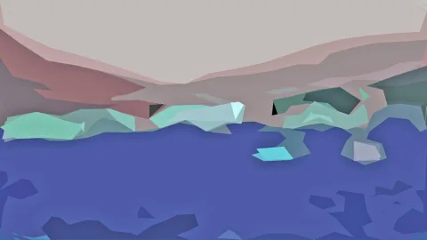 Abstrakte Landschaft aus flachen, kantigen Facetten: oben ein beige-rosafarbener Himmel, darunter türkisfarbene Formen über einer blauen, zerklüfteten Fläche.