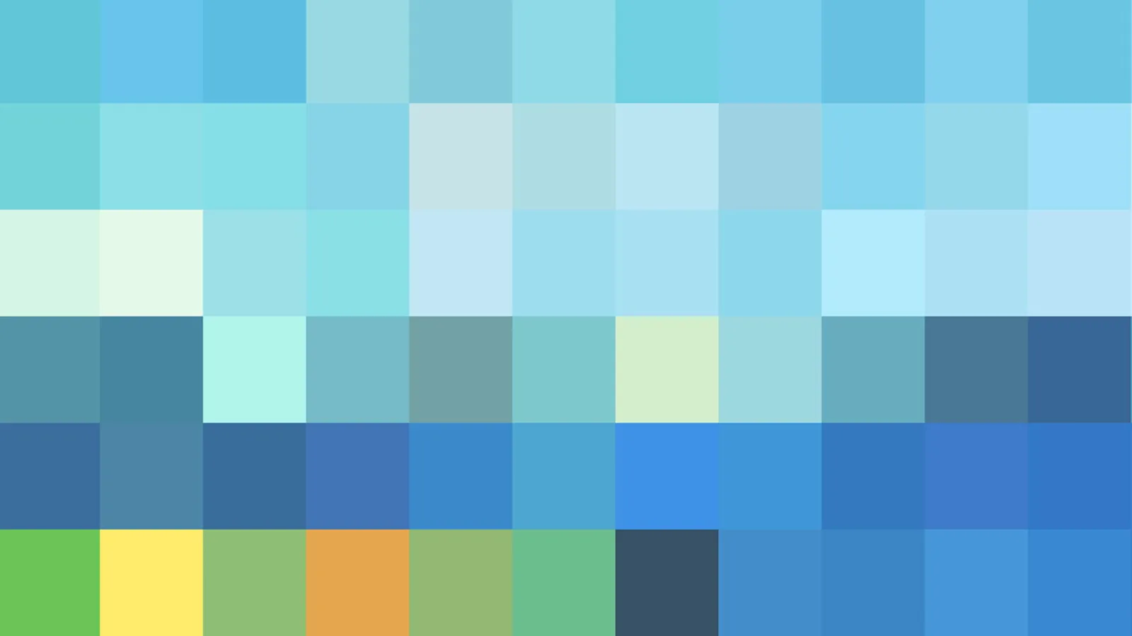 Mosaik aus quadratischen Pixelblöcken in Blau-, Türkis- und Grüntönen, unten einzelne gelbe und orange Felder