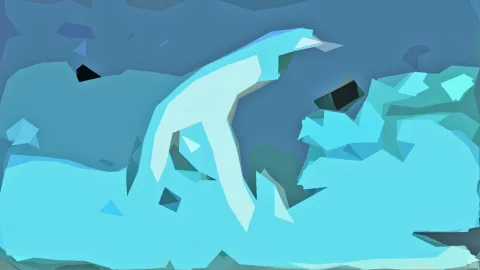 Abstrakte Low-Poly-Komposition mit türkisfarbenen und hellcyanen Flächen, in der Mitte ein weißer, geschwungener Formverlauf.