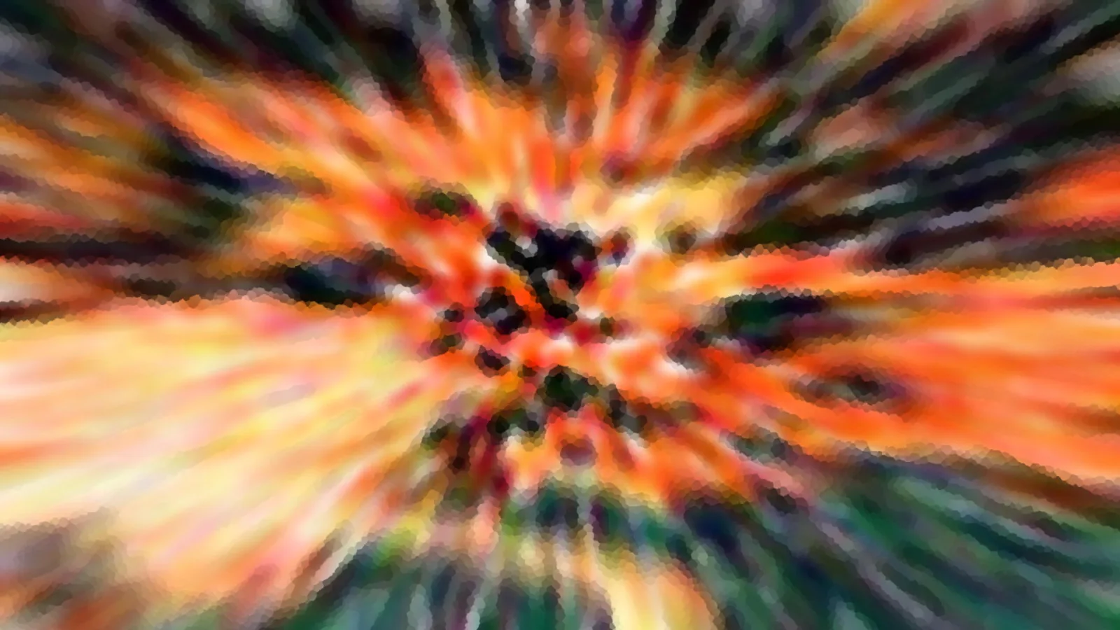 Abstrakte Komposition mit radial von einem dunklen Zentrum nach außen strahlenden orangefarbenen, gelben und grünen Streifen, unscharf und pixelig verwischt.