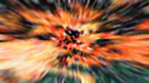 Abstrakte Komposition mit radial von einem dunklen Zentrum nach außen strahlenden orangefarbenen, gelben und grünen Streifen, unscharf und pixelig verwischt.