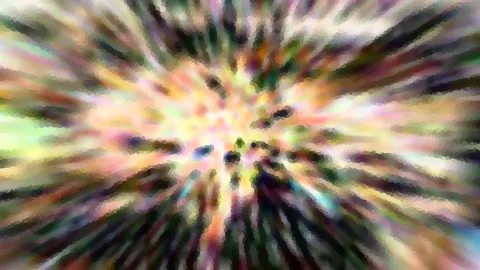 Abstrakte Komposition aus bunten, radial nach außen verlaufenden Streifen mit pixeligen Farbflächen und dunklen Punkten im Zentrum.
