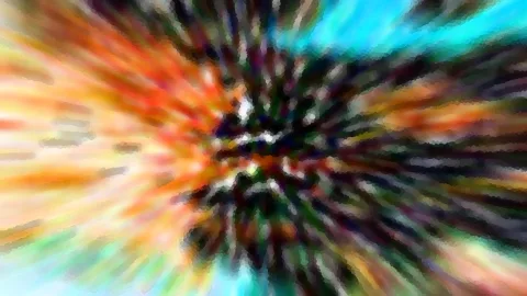 Abstrakte Komposition aus farbigen Streifen, die von einem dunklen Zentrum in der Bildmitte radial nach außen laufen, in Orange, Gelb, Cyan und Grün.