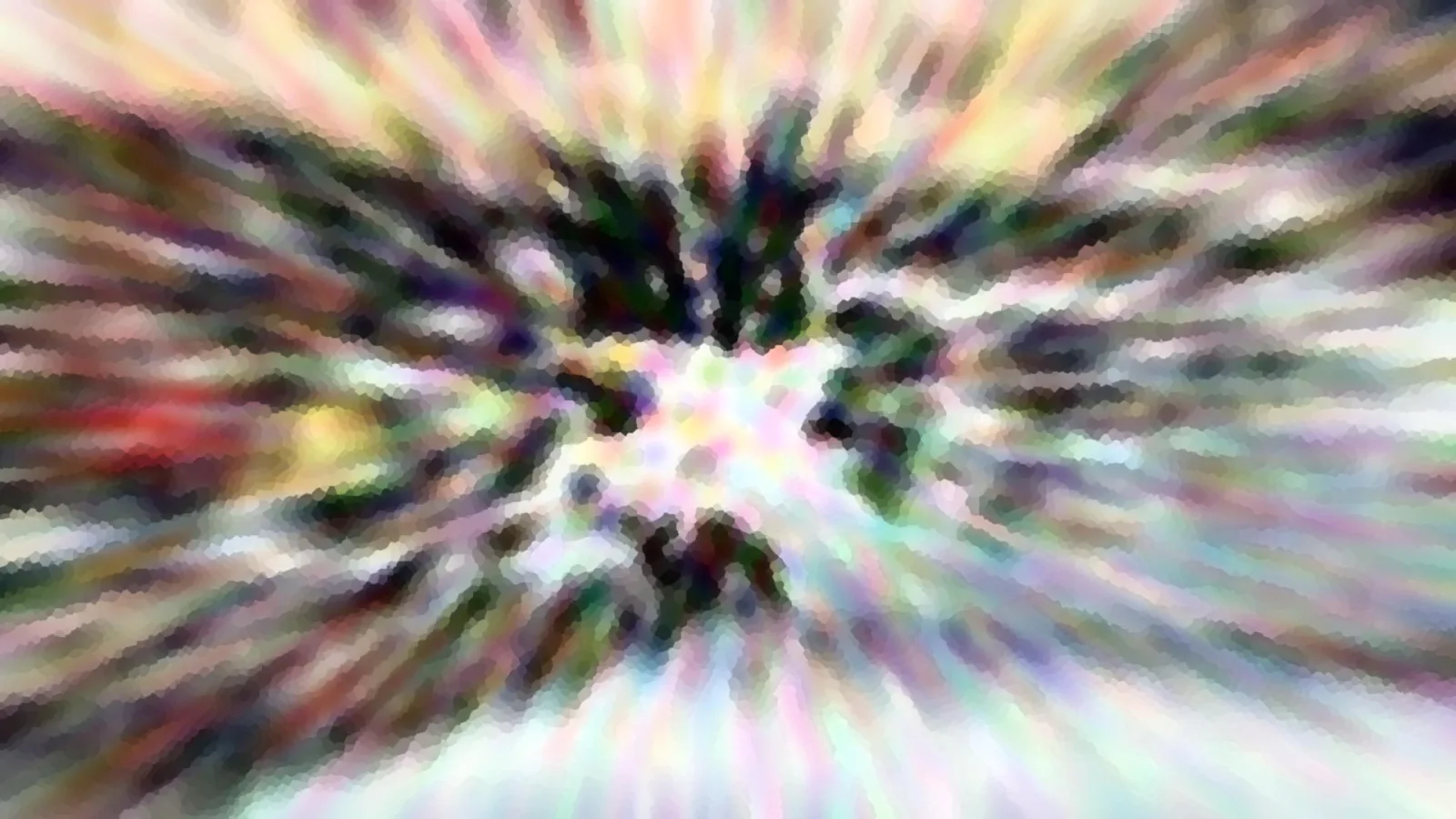 Abstraktes Bild mit radialen Farbstreifen in Rosa, Grün und Gelb, dunkle Flecken im Zentrum, mosaikartige Pixelstruktur.