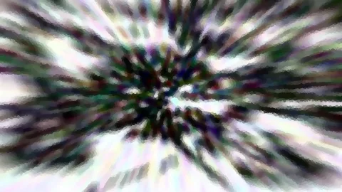 Abstrakte Komposition aus bunten, radial verlaufenden Schlieren mit dunklem Zentrum und hellen Rändern.