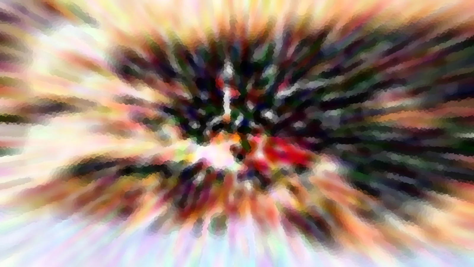 Abstrakte Komposition aus bunten, radial von einem roten Zentrum ausstrahlenden Streifen mit dunklen Spitzen und pastellfarbenen Rändern.