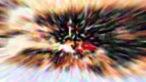 Abstrakte Komposition aus bunten, radial von einem roten Zentrum ausstrahlenden Streifen mit dunklen Spitzen und pastellfarbenen Rändern.