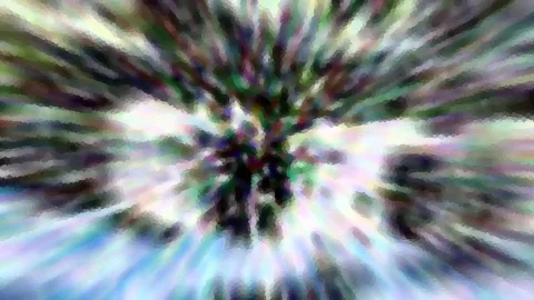 Abstrakte Komposition aus radial verlaufenden, bunten Streifen und grobem Pixelmosaik, im Zentrum dunkel.