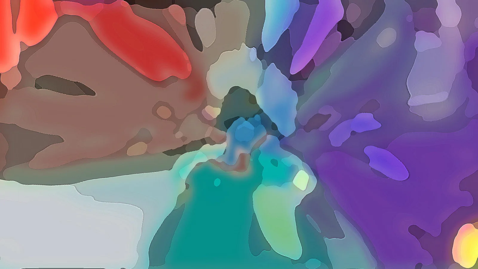 Abstrakte digitale Malerei mit weichen, verschwommenen Farbflächen in Rot, Braun, Violett, Blau und Türkis.