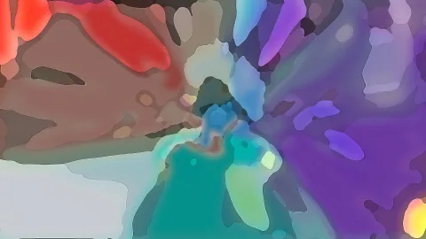 Abstrakte digitale Malerei mit weichen, verschwommenen Farbflächen in Rot, Braun, Violett, Blau und Türkis.