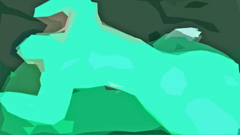 Abstraktes Low-Poly-Motiv mit einer großen mintgrünen Form auf dunkelgrünem Hintergrund, unten Smaragdtöne.