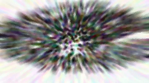 Abstrakte Komposition aus radial ausstrahlenden, verwischten Streifen in Grün, Violett und Weiß mit grobem Pixelraster.