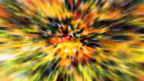 Abstrakte Komposition aus radial verlaufenden, bunten Streifen in Orange, Gelb, Grün und Rot, die zur Mitte hin zusammenlaufen.