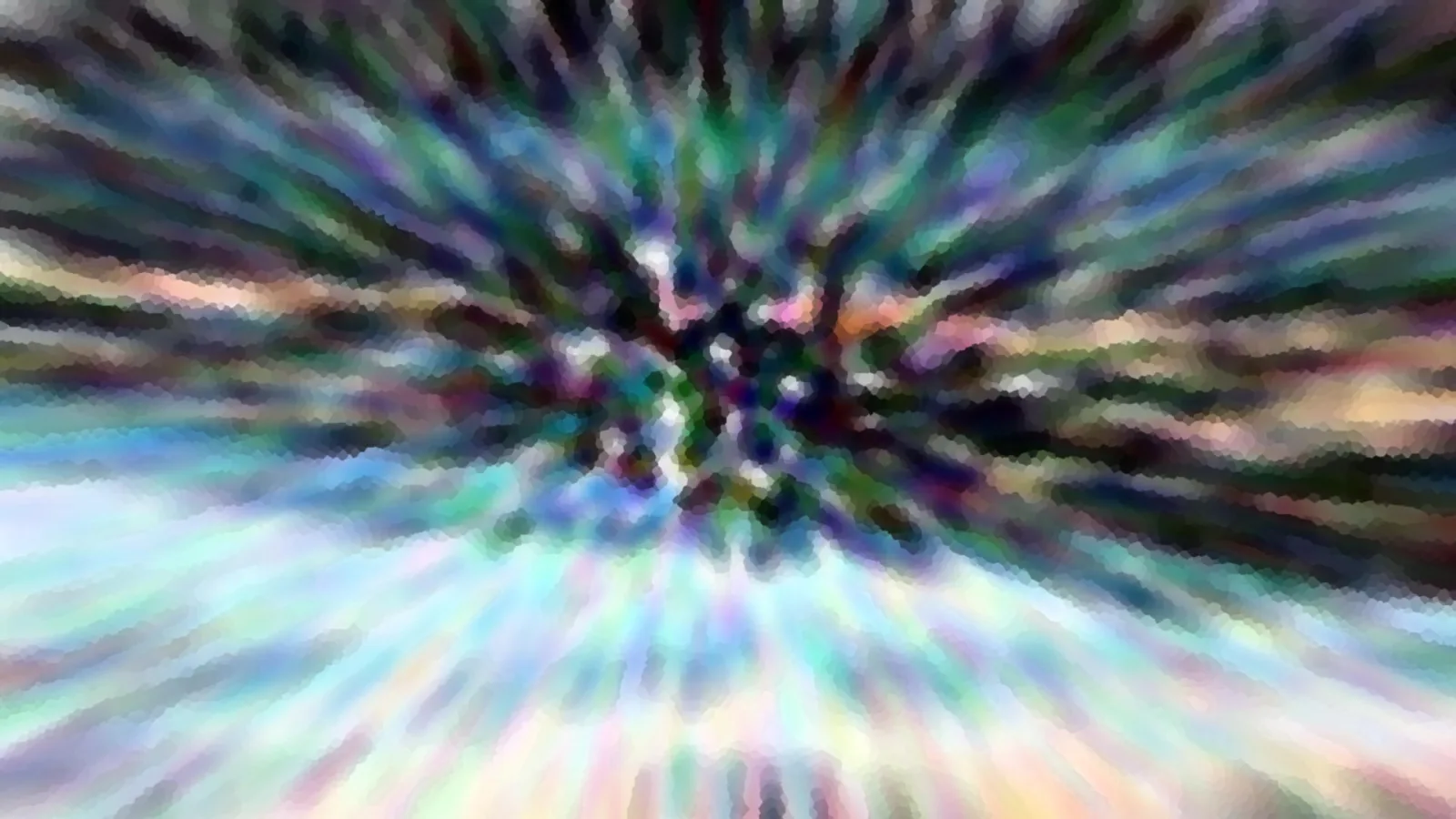 Abstraktes Bild mit bunten Farbstrahlen, die von einem dunklen, leicht hellen Zentrum radial nach außen laufen.