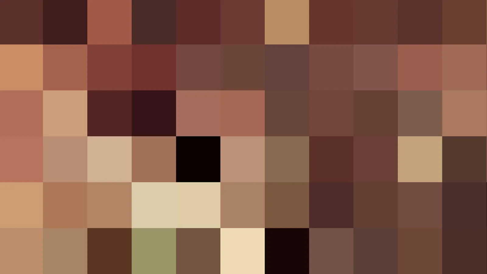 Mosaik aus quadratischen Pixelfeldern in Braun, Rot, Beige und Ocker, dazu einzelne dunkle Felder und ein olivgrünes Feld im unteren Bereich.
