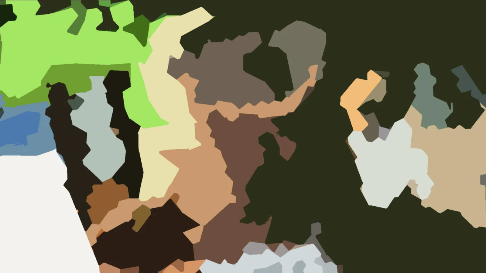 Abstrakte Komposition aus unregelmäßigen Flächen in Hellgrün, Braun, Beige und Weiß auf dunklem Olivgrund