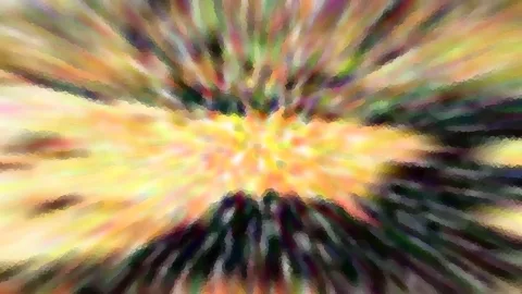Abstrakte Komposition aus radial von der Mitte nach außen laufenden, verwischten Streifen in Gelb, Orange, Grün und Dunkelgrau mit hellem Zentrum.