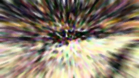 Abstrakte Komposition aus radial verlaufenden, bunten Streifen in Grün, Violett, Gelb und Weiß, die von einem dunklen Zentrum oben mittig nach außen strahlen.