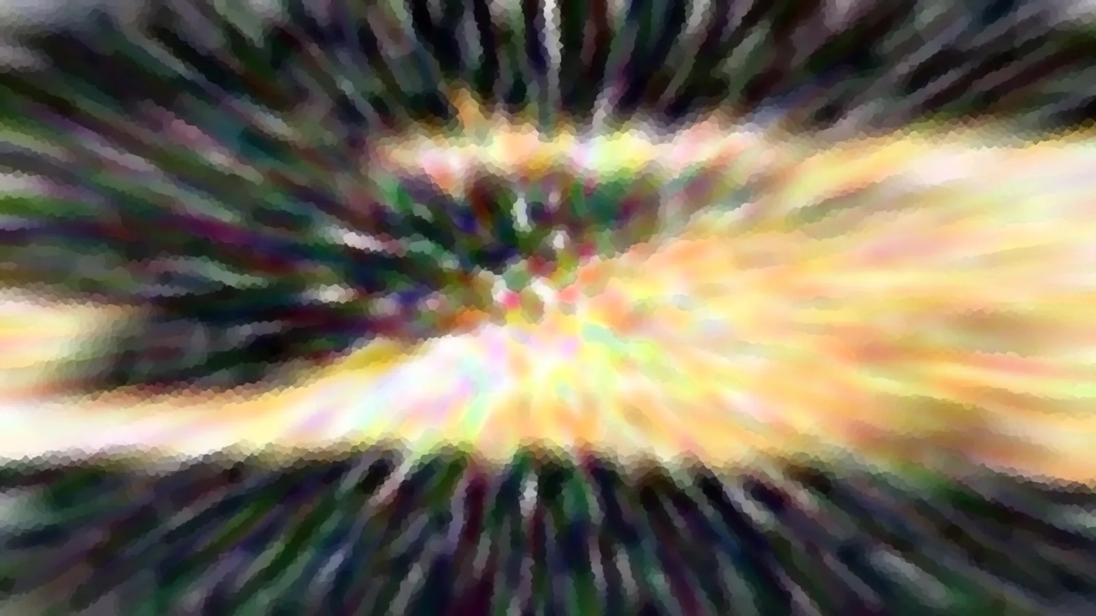 Abstrakte Komposition aus radial verlaufenden Farbstreifen in Gelb, Grün und Dunkelgrau, mit pixeligem Mosaikmuster.