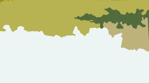 Abstrakte Komposition aus olivgrünen, dunkelgrünen und beigen Flächen mit zackigen Rändern vor hellem, fast weißem Hintergrund.