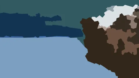 Abstrakte Komposition aus flächigen Formen: links ein helles Hellblau, oben ein dunkles Blaugrün, rechts eine braune Form mit weißen und rosabraunen Flecken.