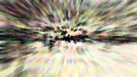 Abstrakte Komposition aus bunten, radial verlaufenden Streifen mit dunklem Zentrum und grobem Pixelmosaik-Effekt.