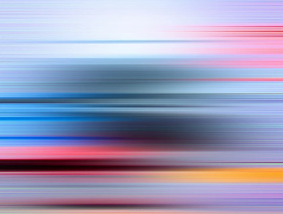 Horizontal verwischte Streifen in Blau, Rosa, Rot und Orange auf hellem Grund.