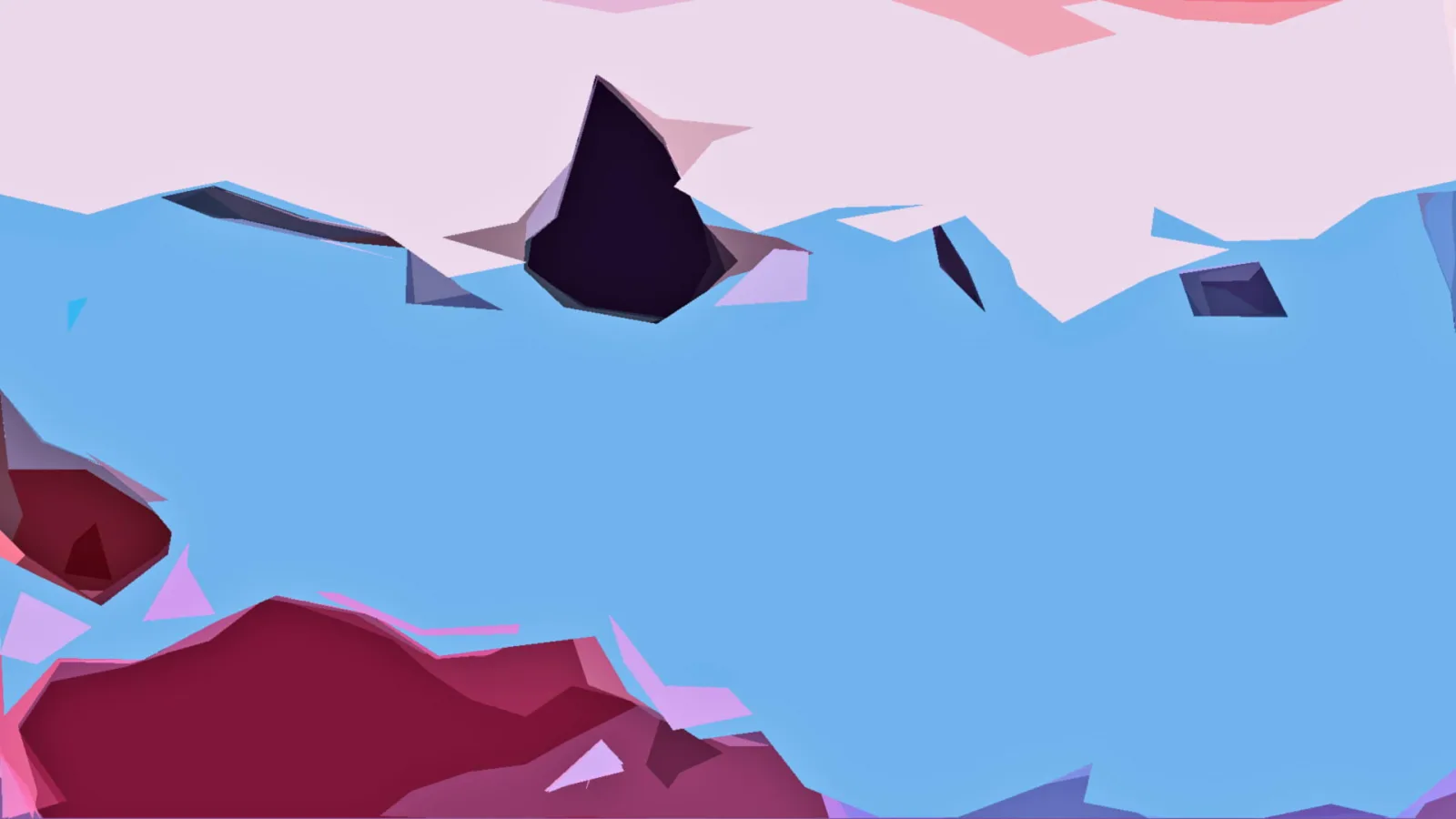 Abstrakte Low-Poly-Formen in Rosa, Hellblau und Dunkelrot, mit einem dunklen, fast schwarzen Keil in der oberen Bildmitte.