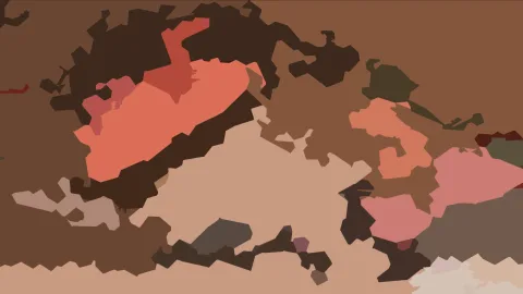 Abstrakte Komposition aus flachen, unregelmäßigen Formen in Braun, Rot, Rosa und dunklem Olivgrün.